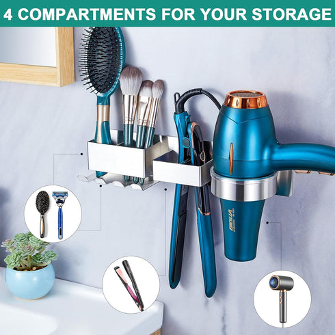 Wall Mounted Hair Dryer Holder, Hair Tool Organizer for Bathroom, Adhesive Stainless Steel Hair Dryer Hanger