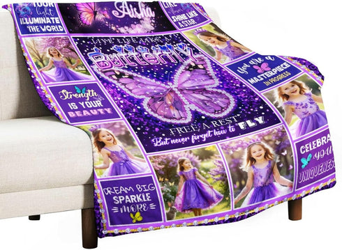 Custom Butterfly Blanket with Name for Kids Girls, Personalized Baby Receiving Blankets Customized Blanket for Infant