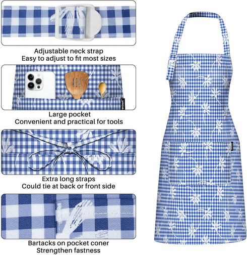 Adjustable Bib Kitchen Cooking Apron for Women/Men, 100% Cotton Gingham Check for Restaurant Cafe Shop