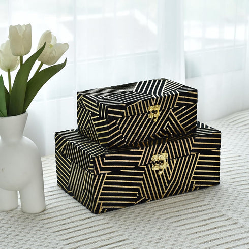 Velvet Decorative Boxes Storage Accessory Organizer with Gold Stripe, Set of 2, Black