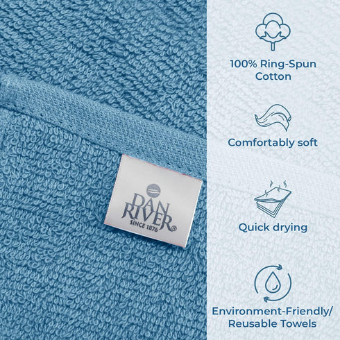 DAN RIVER 100% Cotton Washcloths, 24 Pack, Quick Dry Essential Towels for Bathroom, 12X12 in, Blue