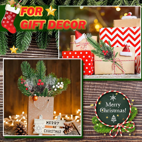 Yunlly 60 Pcs Christmas Artificial Green Pine Needles, Christmas Floral Picks Artificial Holly Red Berry Twig Stem Pine
