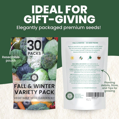 Pack 30 Packs 2026 Fall & Winter Seed Variety | Invidiual | Season | Non-GMO | Beets, Arugula, Carrots, Lettuce & More!
