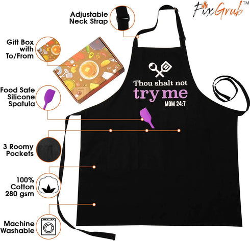 Cooking Apron for Mom with Spatula and Gift Box, Funny Kitchen Apron with 3 Pockets, Mother's Day Gift (Thou Shalt Not