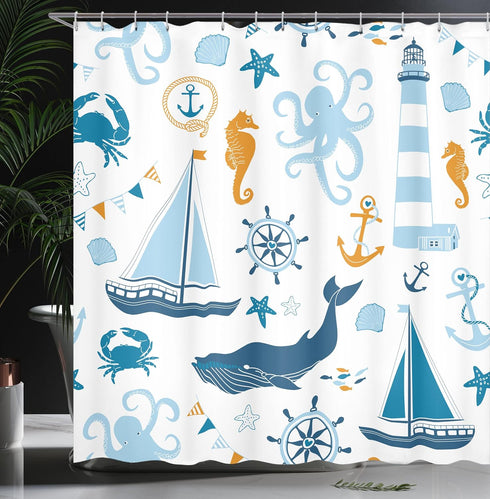 Ambesonne Nautical Shower Curtain, Blue Orange Pastel Composition of Lighthouse Sailboat Fish Shells Octopus, 69" W x