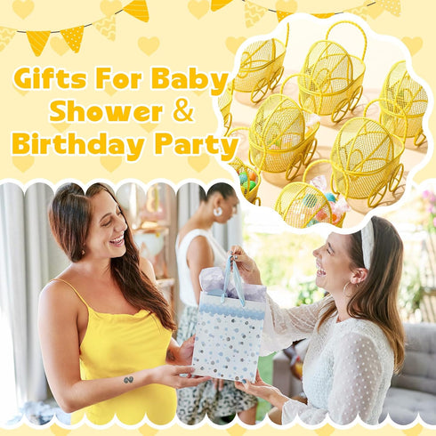 Threehoney 12 Pcs Baby Shower Mini Carriage Decoration Yellow Bee Color Metal Wired Fillable Candy Stroller Baby Shower