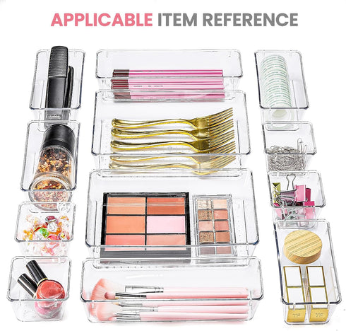 HOUSE DAY Makeup Drawer Organizer Trays, 17 PCS Clear Drawer Organizers with Silicone Pads for Vanity & Storage