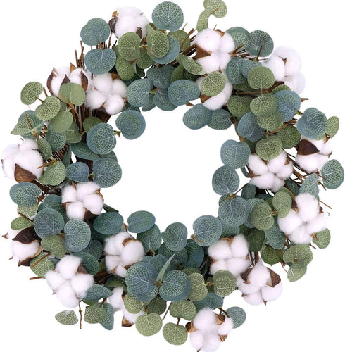 Idyllic Eucalyptus and Cotton Wreath, 14 Inches Artificial Decor for Farmhouse, Garden, Wedding, Natural Twig Base