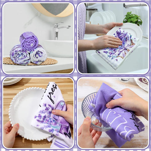 6 Pcs Spring Lavender Kitchen Towel Set - Rustic Bath Hand Towels for Spring Holiday, 24 x 16 Inches