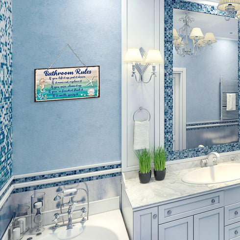 Seashell Bathroom Rules Decor Signs, Ocean Theme Beach Art for Wall, Funny Bathroom Rules Metal Sign, Blue and White