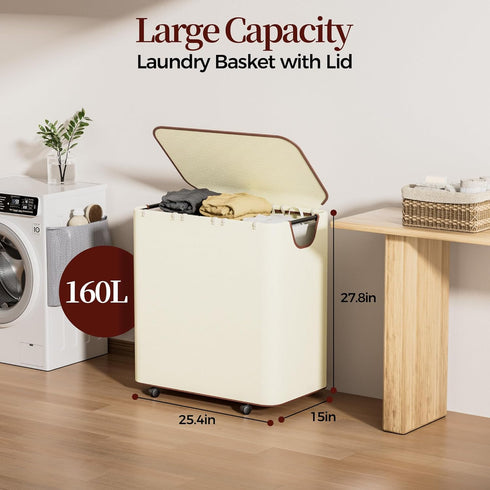 160L 3 3 LAMU Laundry Basket with Wheels, Rolling Laundry hamper with Lid and Removable Laundry Bag, Beige Large