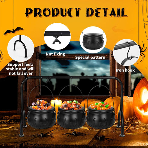 Halloween Party Decor - Set of 3 Witches Cauldron Serving Bowls on Rack, Black Plastic Cauldron with Skeletons