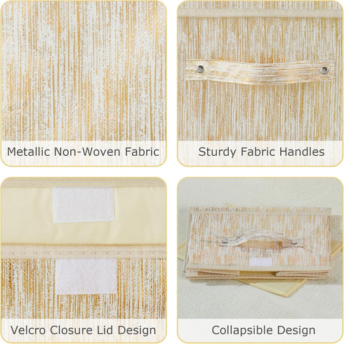 2PCS Gold Decorative Storage Boxes with Lid, Luxury Metallic Fabric Organizer Bins for Home Bedroom Closet Office