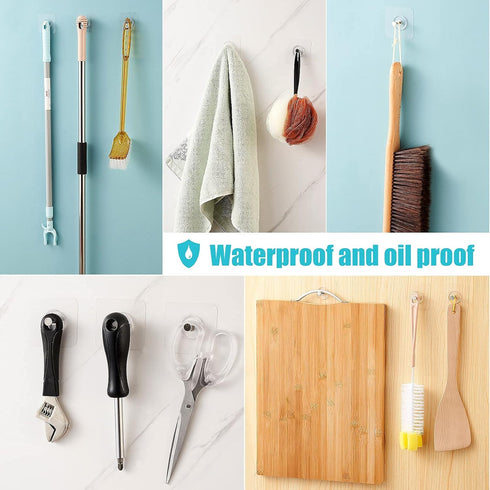 Reusable Adhesive Wall Hooks 10 Pack, 13.5lbs Max, Transparent, Waterproof and Oilproof for Bathroom Kitchen