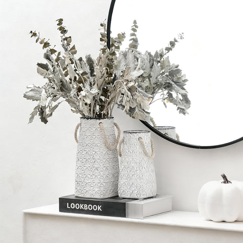 7 inch Vaseking Elegant White Petite Vase, Ceramic Modern Minimalism Geometric Texture Purse Vase with Hanging Rope
