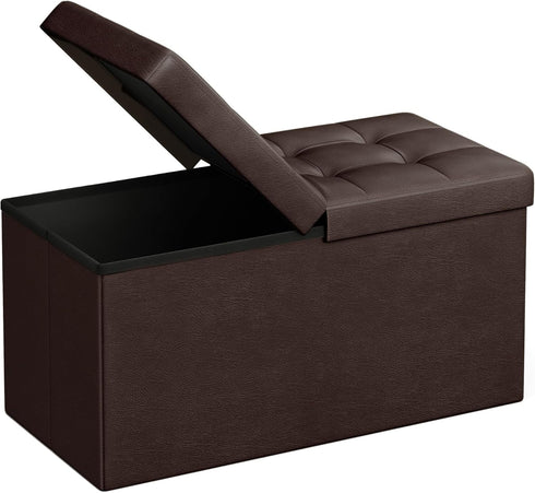 SONGMICS Folding Storage Ottoman Bench 30 Inches, Faux Leather, Brown, Footstool with Flipping Lid, ULSF45BR