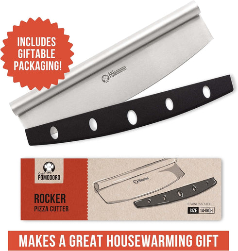 Chef Pomodoro Pizza Cutter Rocker Knife, 14 Inch Mezzaluna Chopper with Protective Cover, Dishwasher Safe