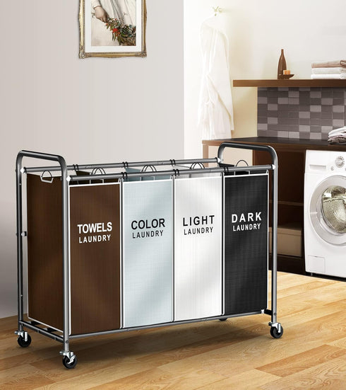 ROMOON 4 Section Laundry Sorter with Wheels, Rolling Hamper, Large Capacity Removable Bags