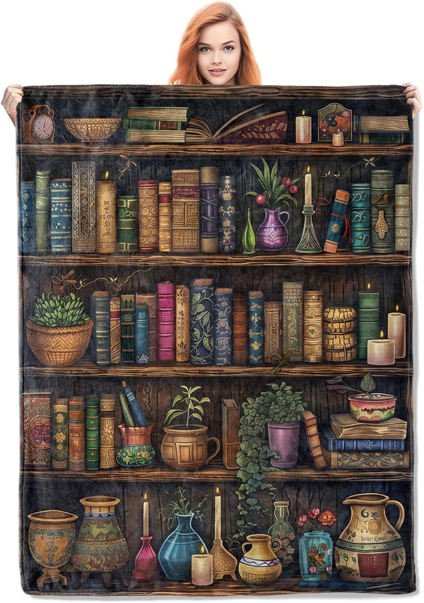 Vintage Bookshelf Blanket, Reading Fleece Throw with Antique Books and Decor, Soft