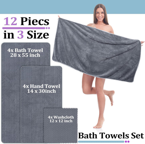 12 4 Sets Set Hotel(4 Preboun Pcs Bath Towels and Washcloths Microfiber Bathroom Beach Pool Towel Quick Dry Coral