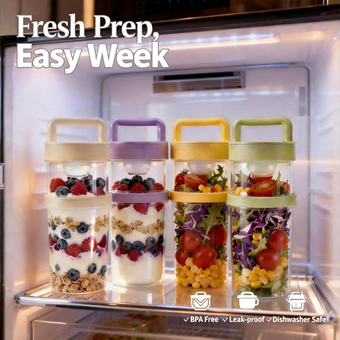 Loodkyoo 4 Pack 2-Tier Salad Cup with Dressing Container and Spoons - Portable Plastic Salad Prep Containers to Go