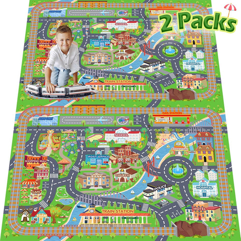 2 Packs 3'x4'/ 36"x48" Car Rug Play Mat for Kids Toy Cars, Road Traffic Playmat for Kid Bedroom, Non-Slip Machine
