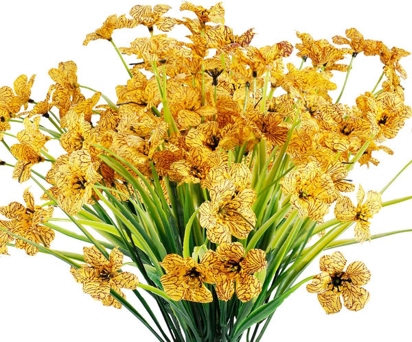 12 Bundles Artificial Flowers, UV Resistant Faux Plastic Plants for Garden Porch Window Box Decorating (Yellow)