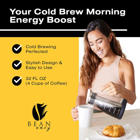 Bean Envy Cold Brew Coffee Maker - 32 oz Glass Iced Tea & Coffee Cold Brew Maker and Pitcher w/Silicone Cap & Base by Bean Envy