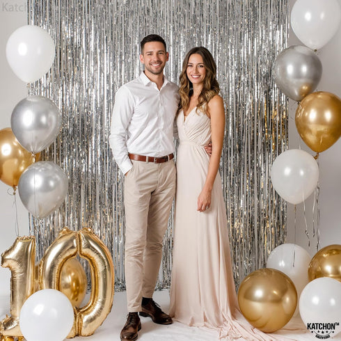 KatchOn XtraLarge Silver Backdrop Curtain - 3.2x8 Feet, Pack of 2 | Silver Streamers for Disco Party Decorations,