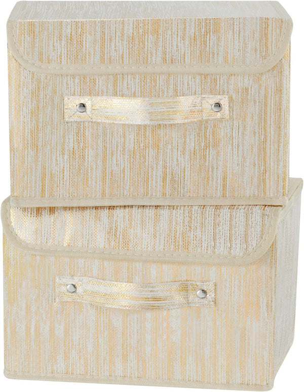 2PCS Gold Decorative Storage Boxes with Lid, Luxury Metallic Fabric Organizer Bins for Home Bedroom Closet Office