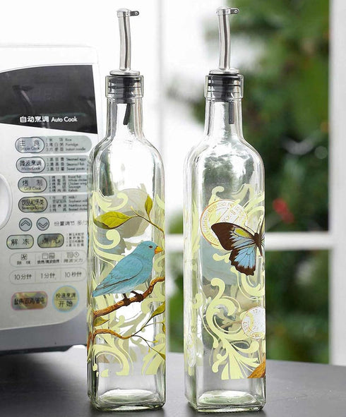 CEDAR HOME 17oz Olive Oil Bottle Set, Glass Dispenser with Stainless Steel Leak Proof Pourer Spout for Cooking or Salad