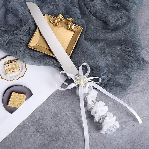 TANG SONG Stainless Steel Wedding Cake Knife and Serving Set - Pearl Flower Shape with Lace Handle