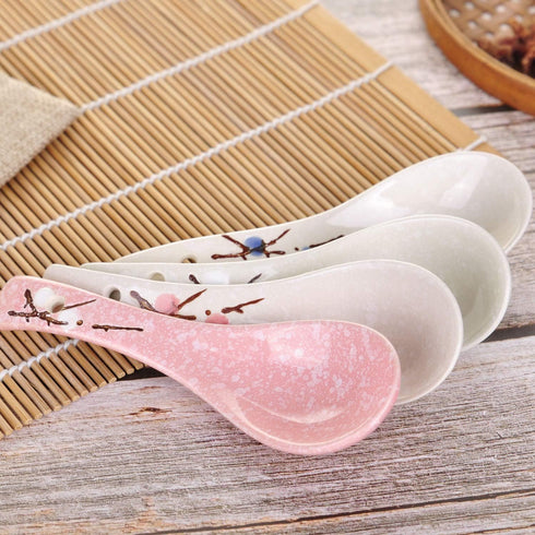 VanEnjoy Set of 4 Chinese/Japanese Ceramic Soup Spoons, Pink Cherry Blossom in Snow Pattern