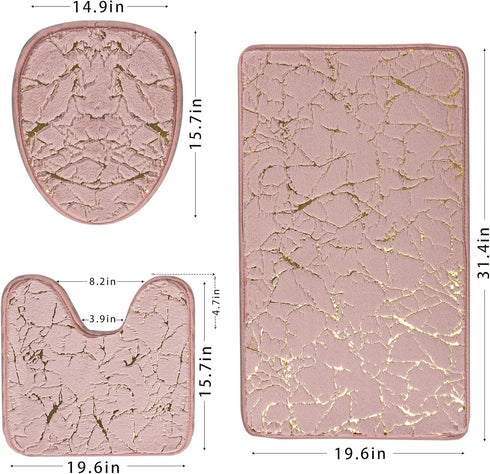 Marble Bathroom Rugs and Mats Set 3 Piece Nonslip Pink Bathroom Mats Soft Washable Bath Mat for Bathroom Floor Mats Carpet Water Absorbent Shower Rug with U-shaped Contour Rug Toilet Lid Cover