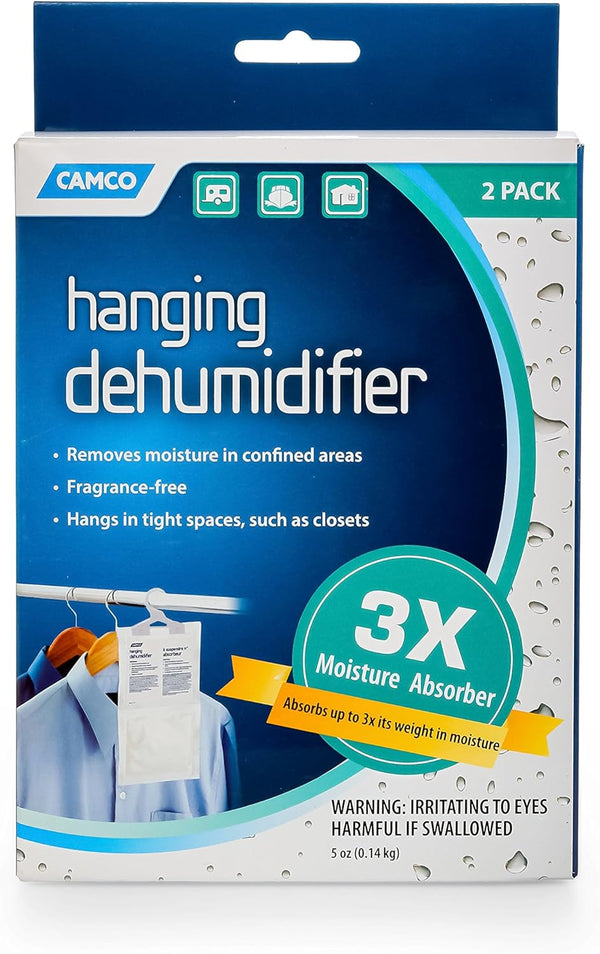 Camco 44286 Fragrance Free Hanging Dehumidifier - Convenient Hook Absorbs up to 3x Its Weight in Water, 2 Pack