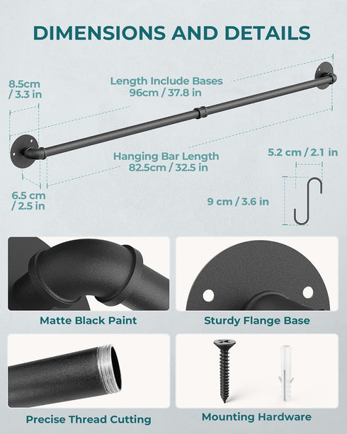 OROPY 38 Inch Pot Bar Rack - Wall Mounted Detachable Pans Hanging Rail with 14 S Hooks, Black