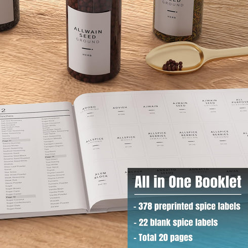 400 Minimalist Spice Labels, Preprinted Stickers Booklet, Black Text on White Waterproof Matte Backing, Herb Seasoning Spice Jars Rack Organization System by Neatsure