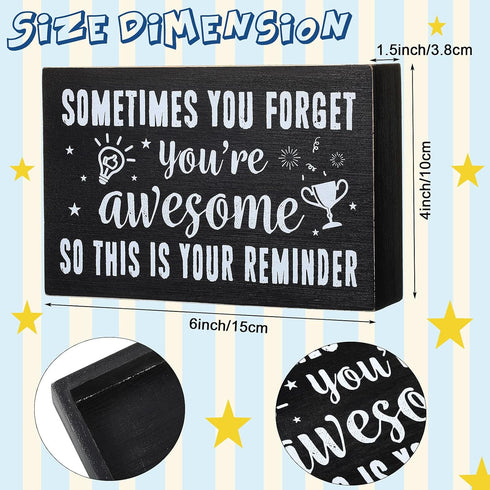 Inspirational Wooden Box Sign, "Sometimes You Forget You're Awesome" Rustic Black Wood Block Plaque for Home Office