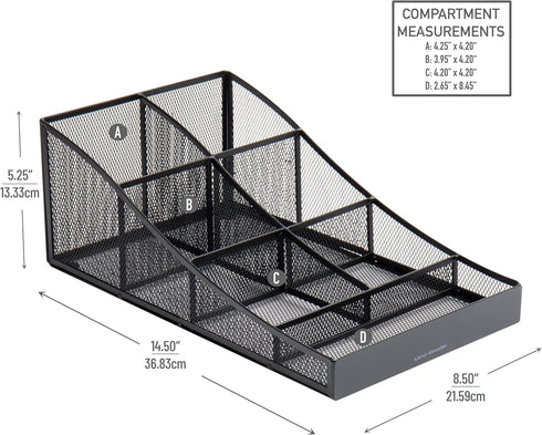 Mind Reader Black Cup and Condiment Station, Countertop Organizer for Coffee Bar, Metal Mesh 8.5"L x 14.5"W x 5.25"H