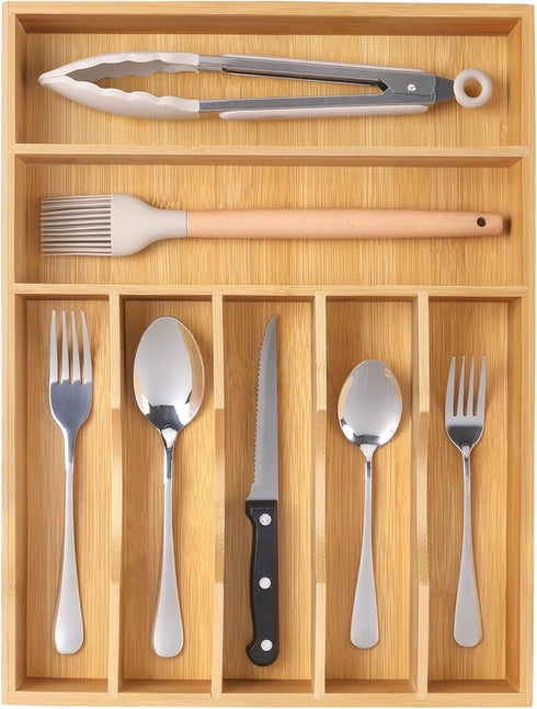 Kitchen Bamboo Silverware Organizer, Natural Utensil Holder and Cutlery Tray with 7 Slot Grooved Dividers