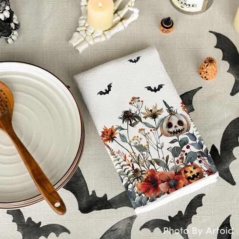 18x26 Inch Set 4 Artoid Mode Ghost Pumpkins Bats Floral Halloween Kitchen Towels Dish Towels, Farmhouse Spooky