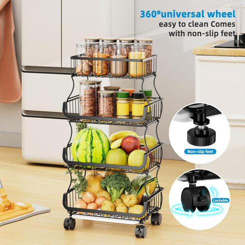 Simple Trending 4 Tier Rolling Cart, Stackable Kitchen Storage Metal Wire Basket Stand with Wheels and 2 Hanging Baskets