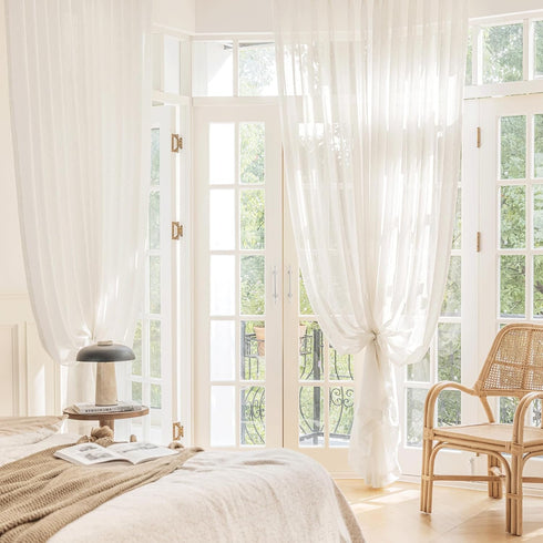 FMFUNCTEX Beige Linen Sheer Curtains for Bedroom, 54 inch Length Natural Flax Blend Draperies, 2 Panels Rod Pocket for