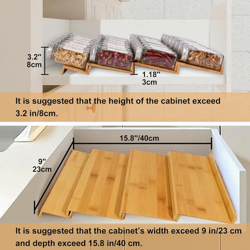 18 Jars,216 Labels,25 4 Drawers,Cabinets,Countertop,9" 15.8" Spice Drawer Organizer with Spice Non-slip Rubber, Bamboo