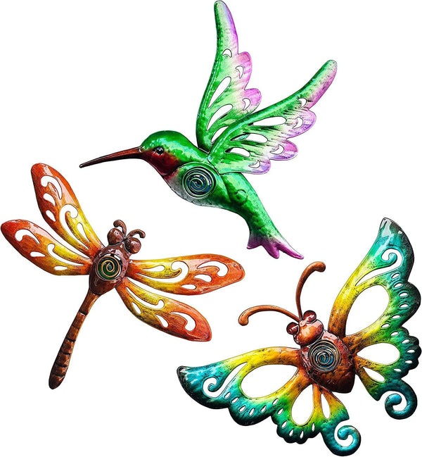 YNGFIL Hummingbird Butterfly Dragonfly Metal Wall Art, 3 Pack 9 Inch Hanging Decor for Indoor Outdoor