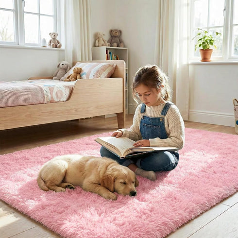 6x9 junovo Pink Washable Area Rug for Girls Bedroom Living Room, Soft Non-Slip Fluffy Rugs, Shag Plush Memory Foam