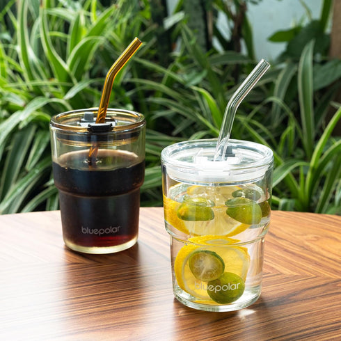 13oz/400ml (Amber-2PACK) BLUEPOLAR Glass Water Tumbler with Straw and Lid Sealed Carry On Thick Wall Iced Coffee Cup