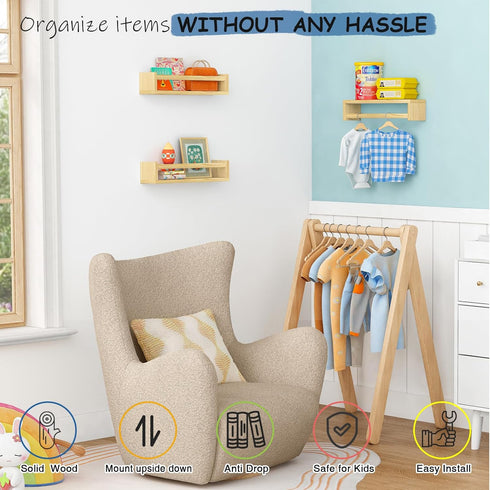 Set 3 Harwaya Floating Nursery Book Shelves for Wall, Natural Wood Wall Bookshelf for Kids Room Bedroom, Small Wooden