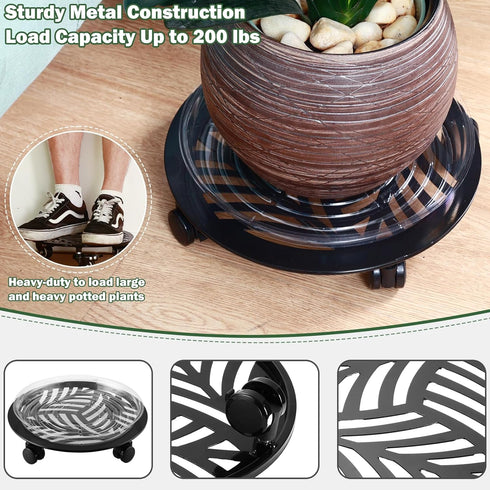 1 Packs 13.6" Large Metal Plant Caddy with PU Wheels Heavy-Duty Wrought Iron Rolling Plant Stands Indoor Outdoor