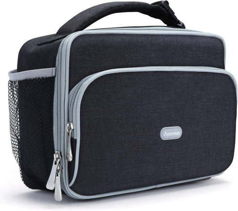 Amersun Insulated Lunch Box for Men, Black - Sturdy Bag with 2 Pockets & Padded Liner for Food Travel